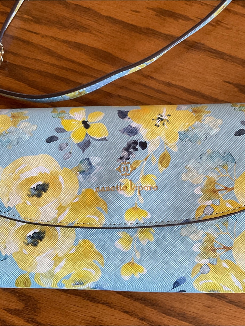 NWT Nanette Lepore Blue/Yellow Floral Crossbody Wallet, Gold Tone Hardware - Picture 2 of 7